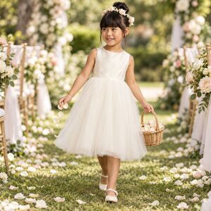 David's Bridal Ivory Tulle A-Line Flower Girl Dress Size 5 Wedding Sleeveless
